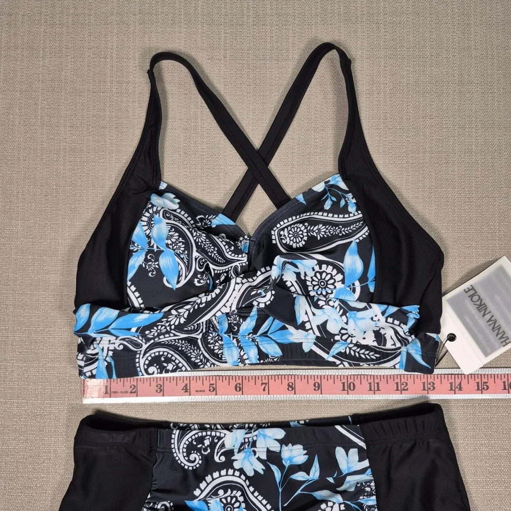 Hanna Nikole Womens Bikini Set Blue Paisley High Waisted Tummy Control New‎ M